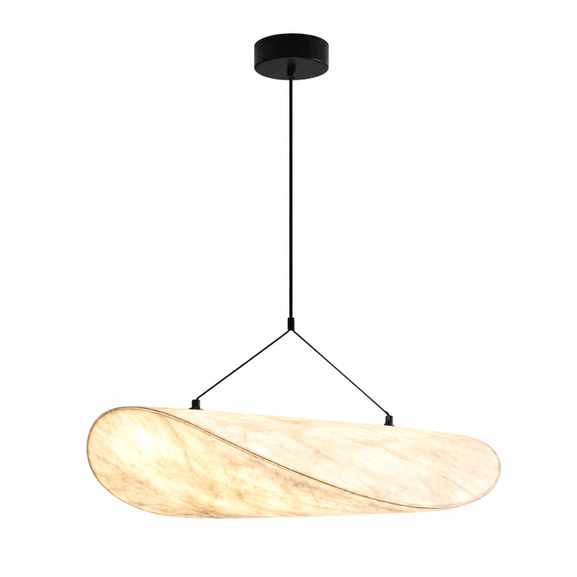 Oval paper pendant light with warm beige shade and black ceiling canopy