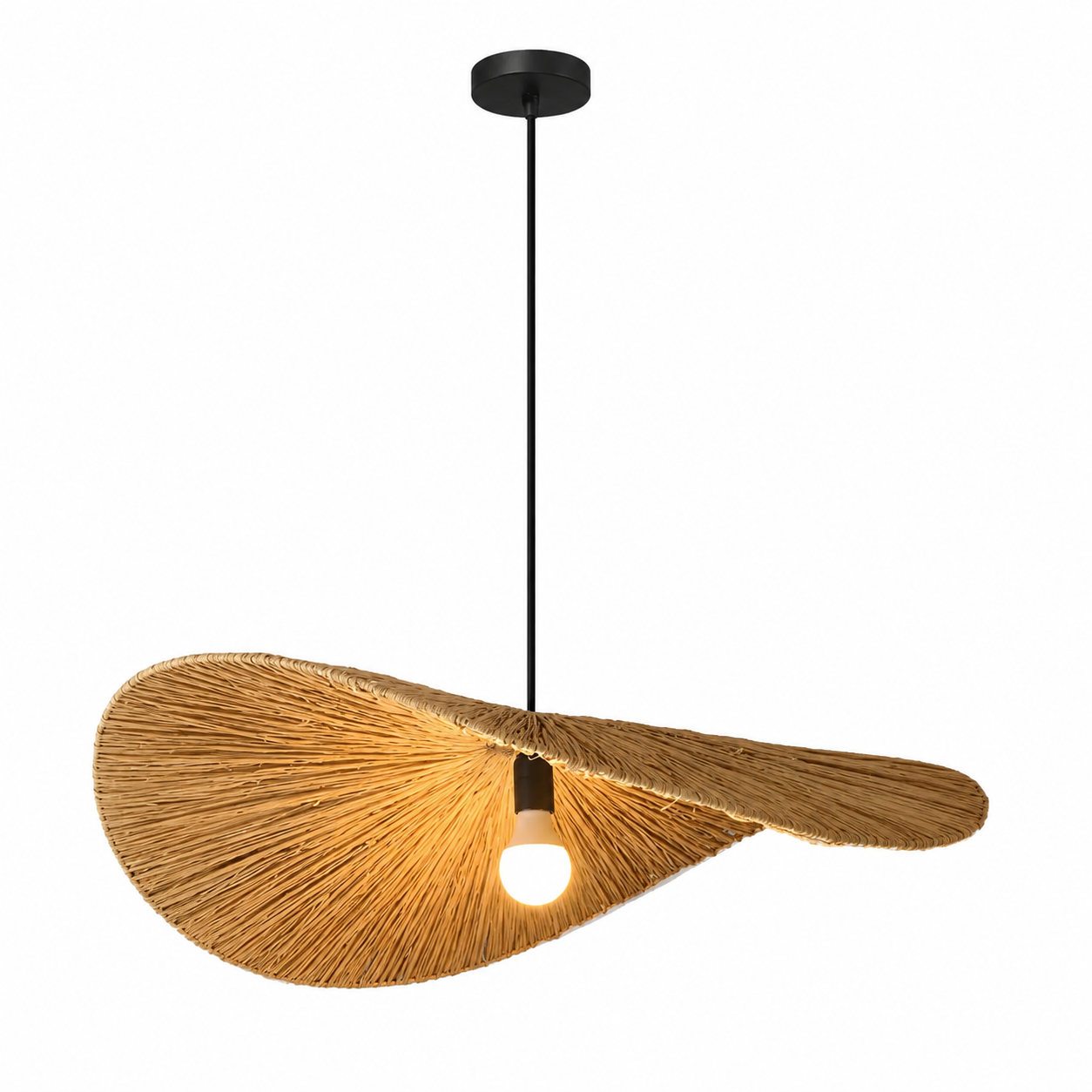 Rattan disc pendant light with warm woven shades and black ceiling canopy