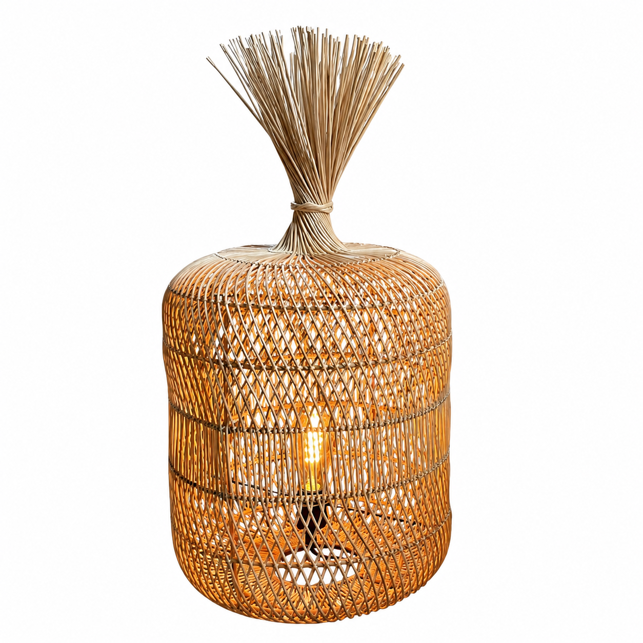 Natural rattan floor lamp with woven cylindrical shade and bundled top reeds, warm light