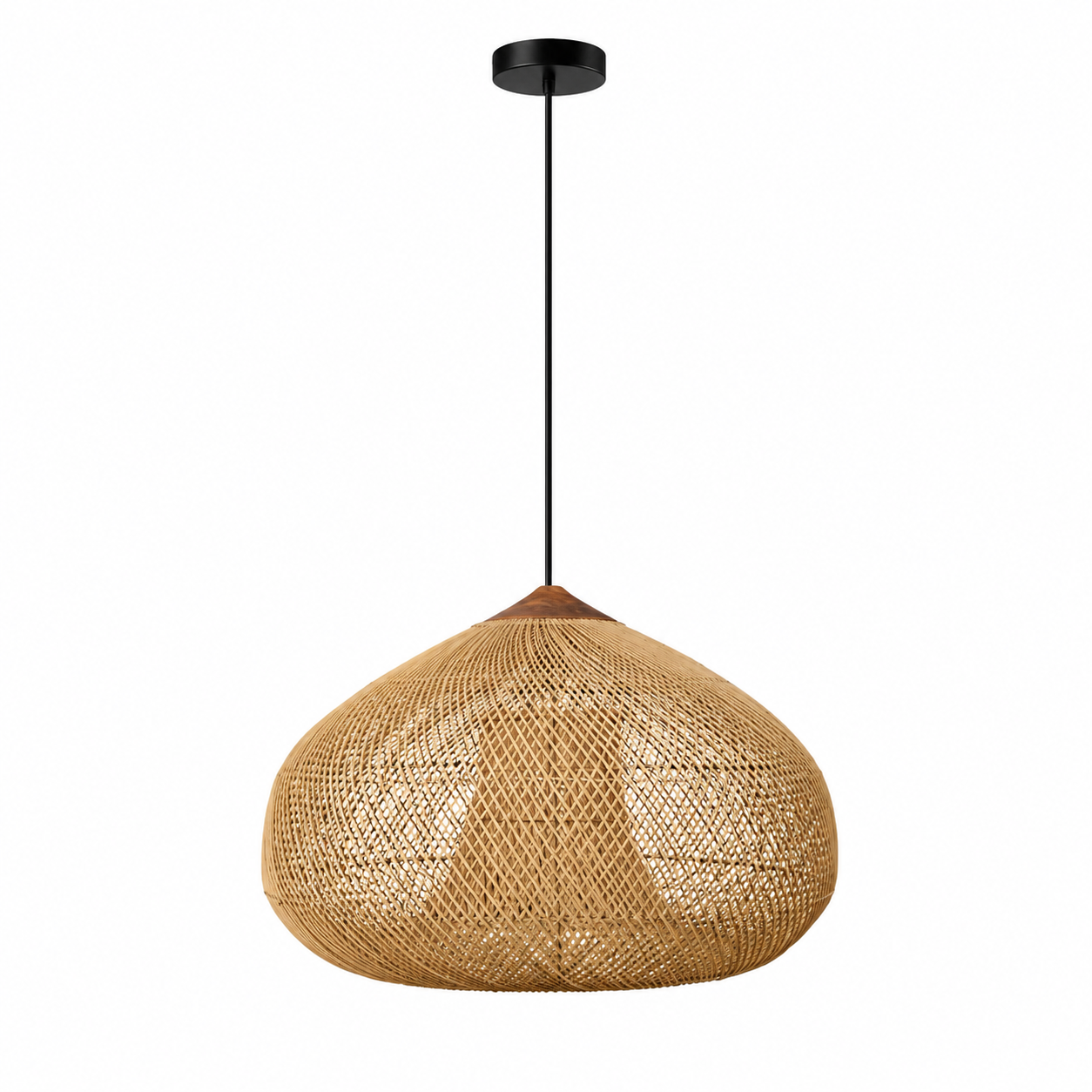 Tan rattan pendant light with dome woven lattice shade and black ceiling canopy.