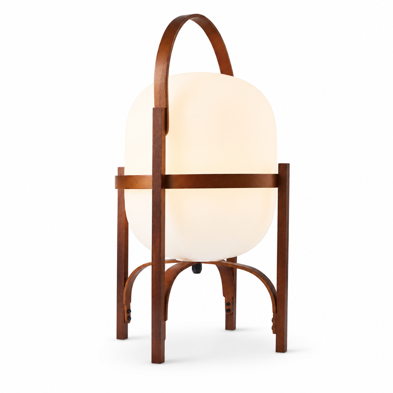 Wabi wood and glass table lamp with round white globe and arched frame