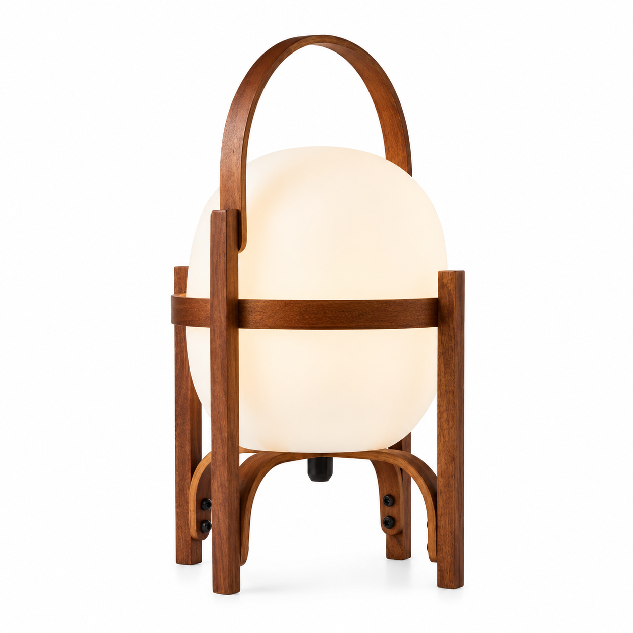 Wood table lamp with frosted glass globe shades and arched handle frame