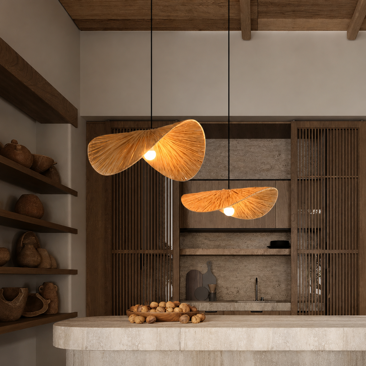 Rattan disc pendant light set with warm woven shades and visible hanging bulbs