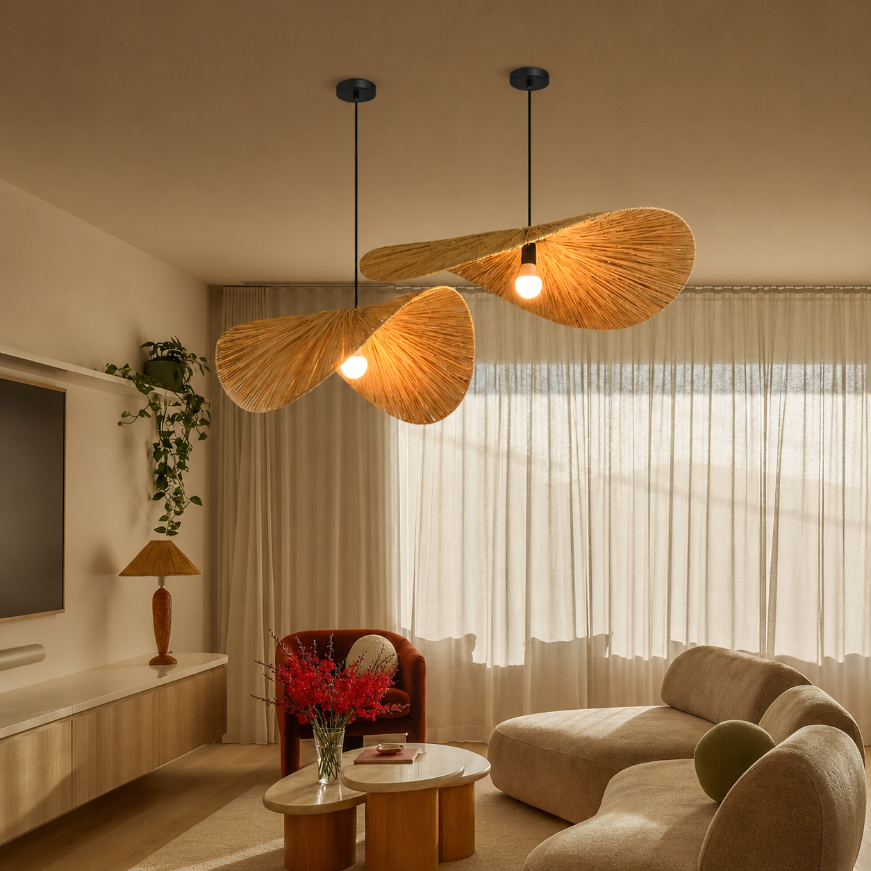 Multiple rattan disc pendant lights with warm woven shades over a living room seating area