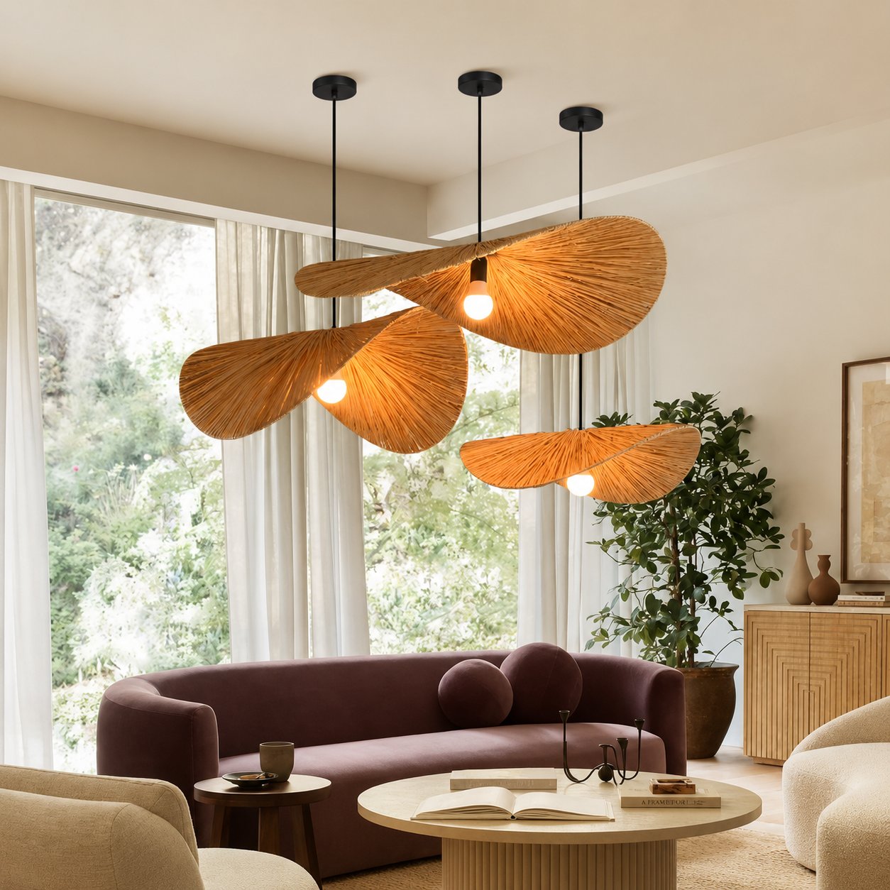 Rattan disc pendant light with warm woven shade and glowing bulbs above seating