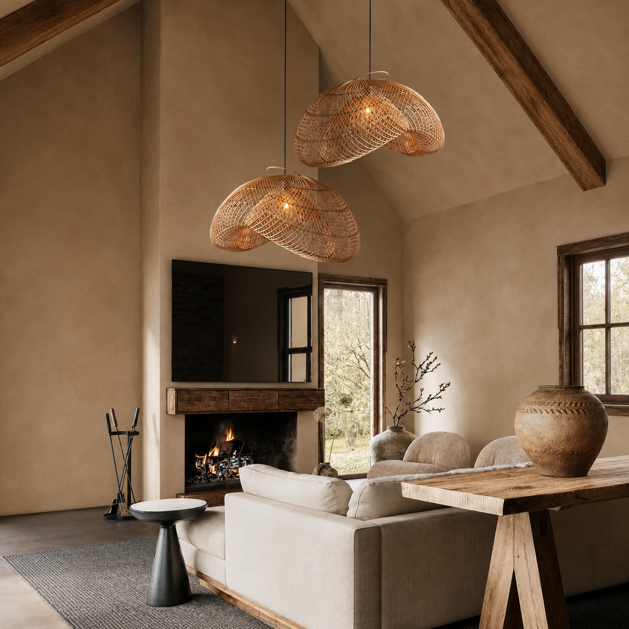 Natural rattan dome pendant lights, two woven dome shades overhead.
