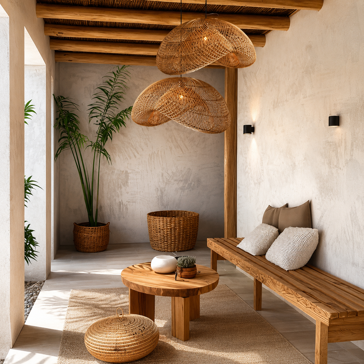 Natural rattan dome pendant light with two woven dome shades in covered area.