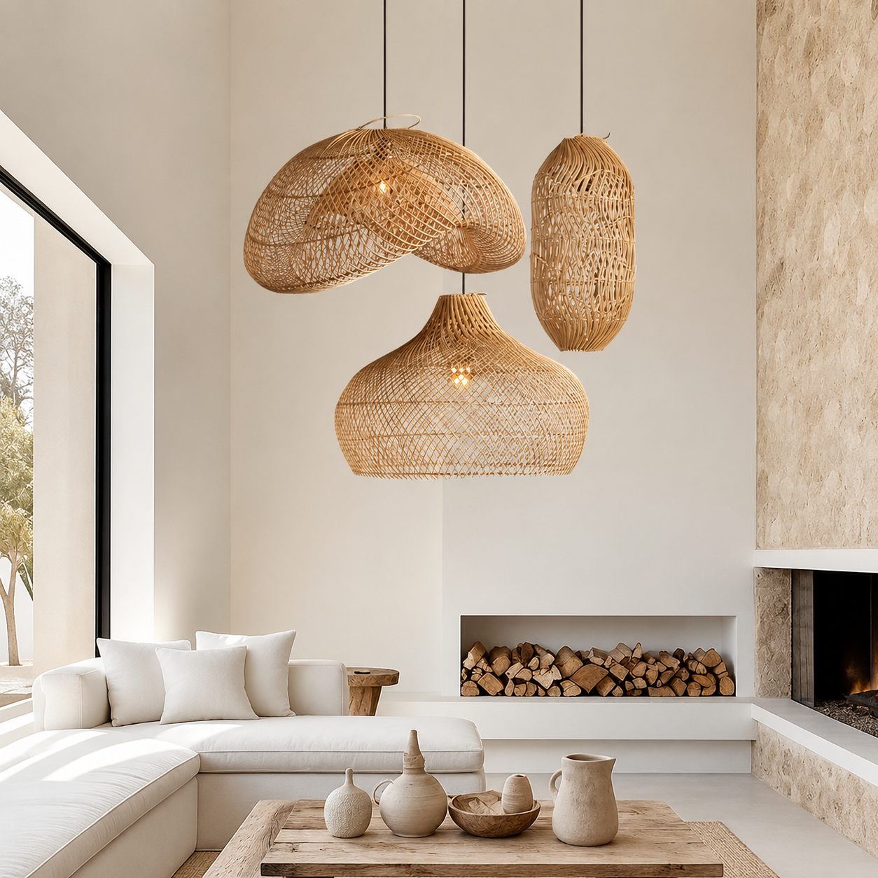 Natural rattan dome pendant light cluster with three woven dome shades.