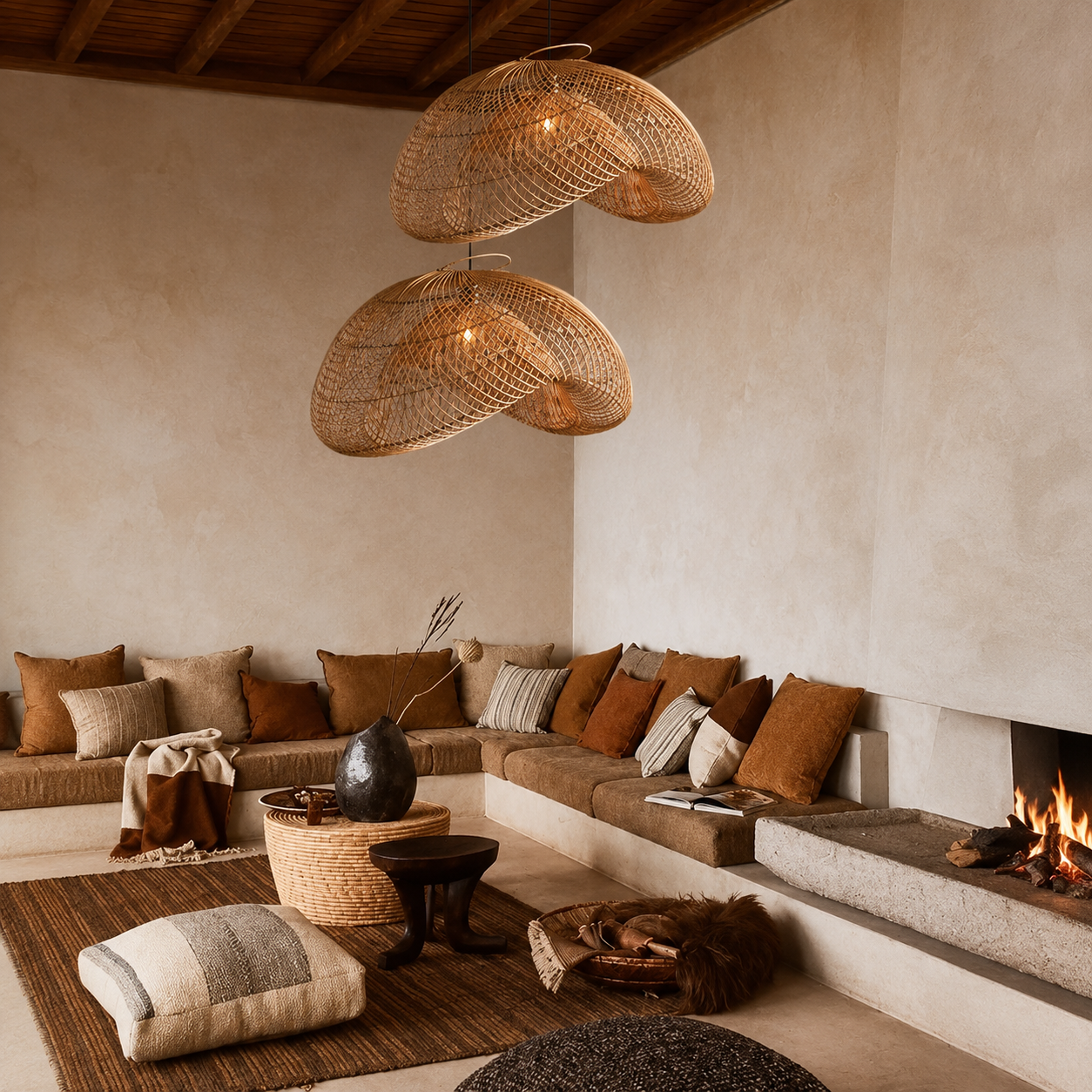 Natural rattan dome pendant lights with two woven dome shades above sofa.