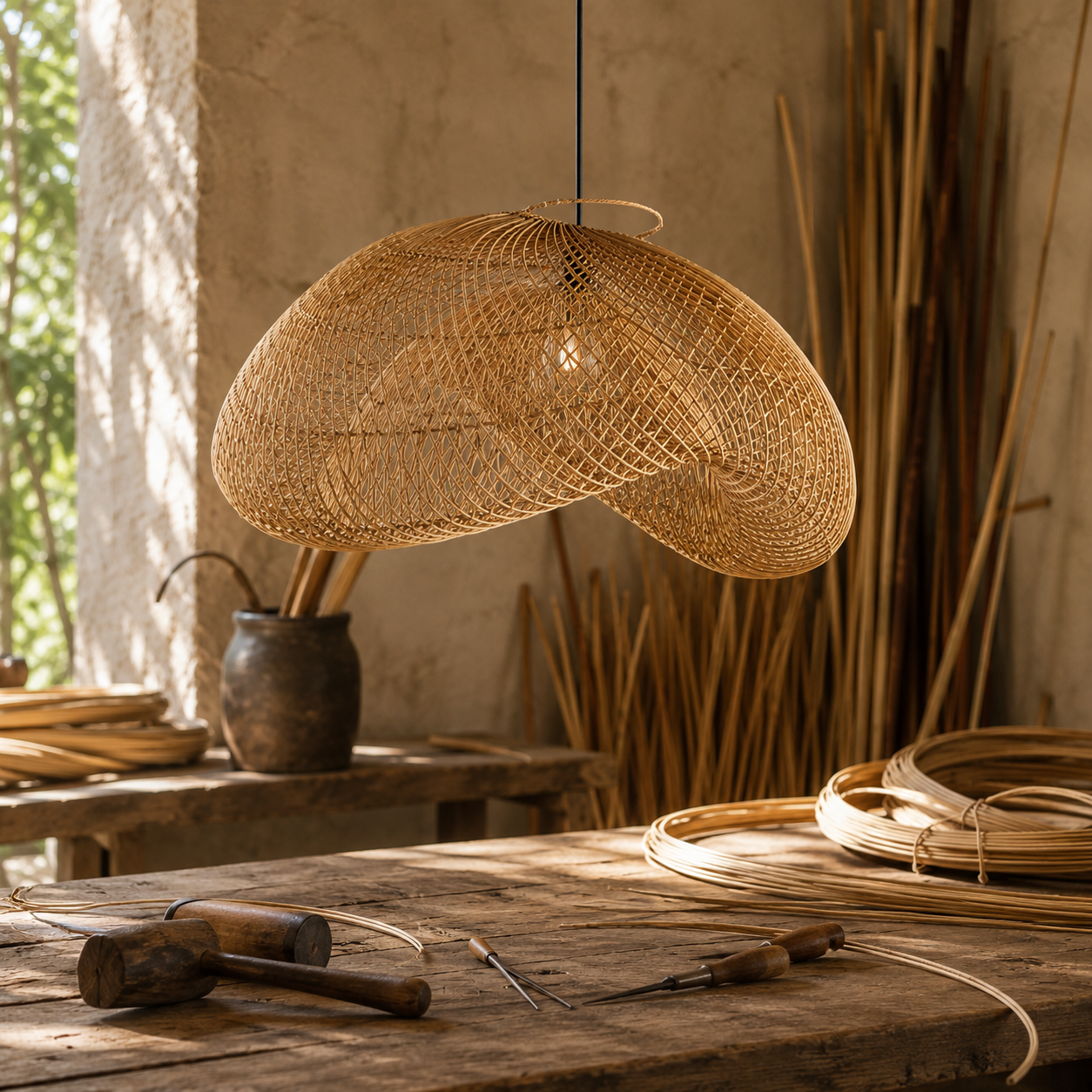 Natural materials and handcrafted details of Wabi Rattan Dome Pendant Light