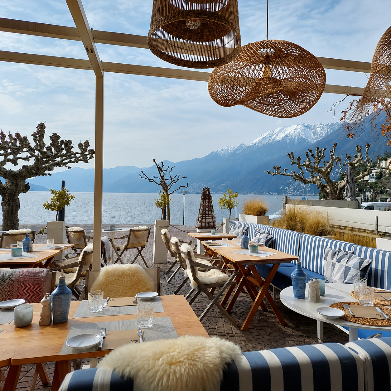 Outdoor natural rattan dome pendant light with woven dome shade above seating.