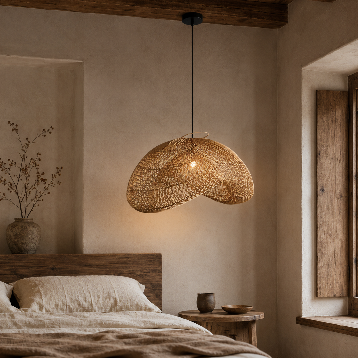 Wabi Rattan Dome Pendant Light styled in a warm natural interior