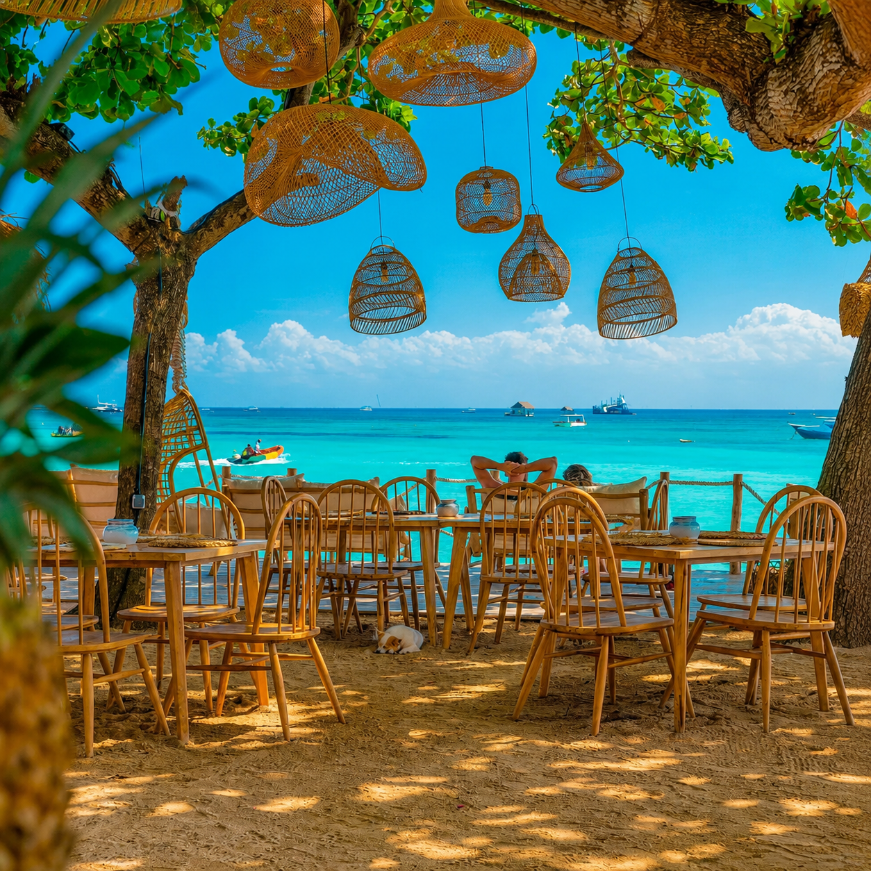 Rattan dome pendant lights with multiple woven dome shades under tree canopy.