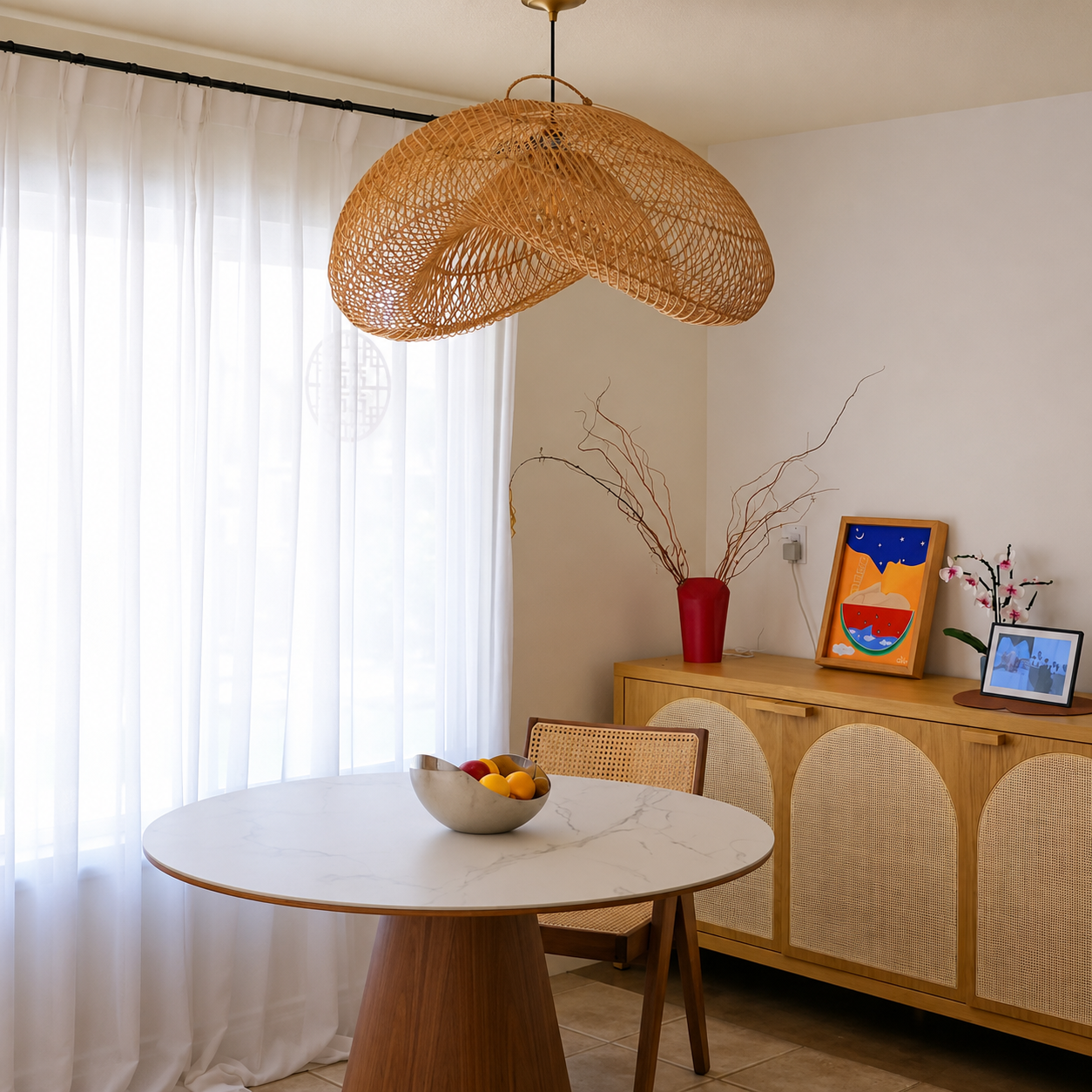 Natural rattan dome pendant light with one woven dome shade above dining.