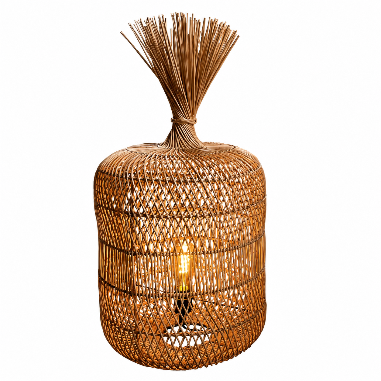 Natural rattan floor lamp close-up, woven cylindrical shade with bundled reed top