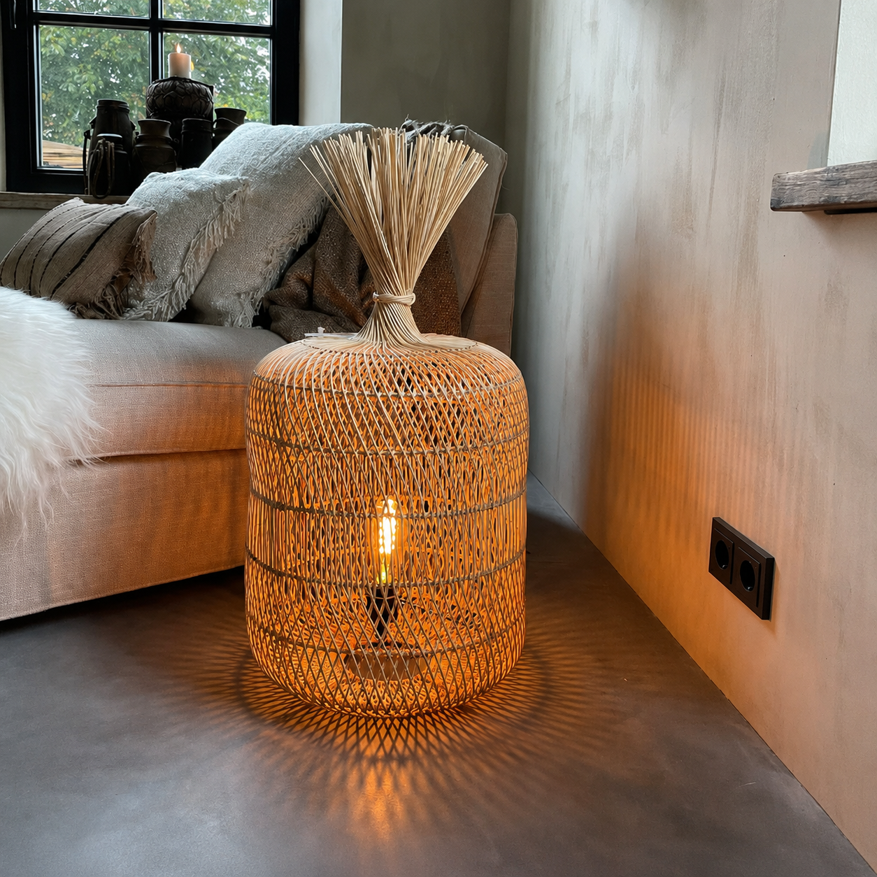 Natural rattan floor lamp glowing, woven drum shade and bundled reed top