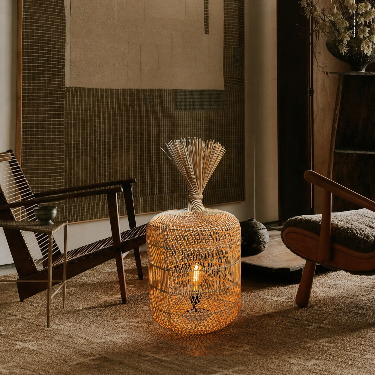 Natural rattan floor lamp standing, woven cylinder shade with reed bundle top