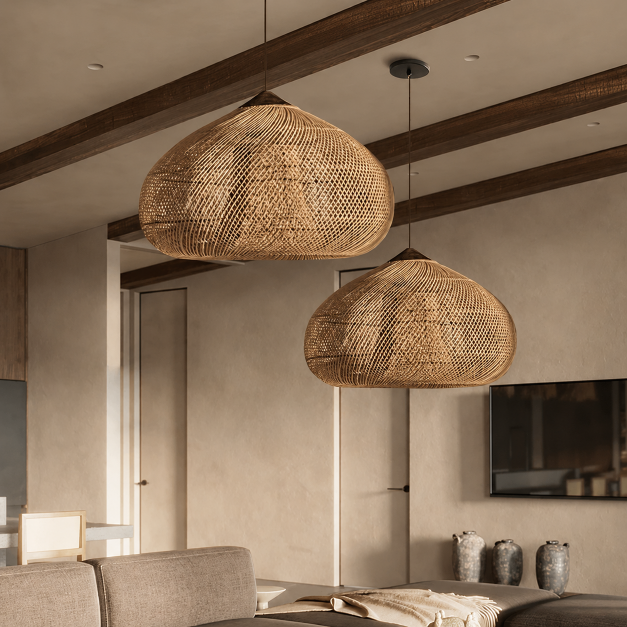 Two tan rattan pendant lights with woven dome shades hanging from black cords.