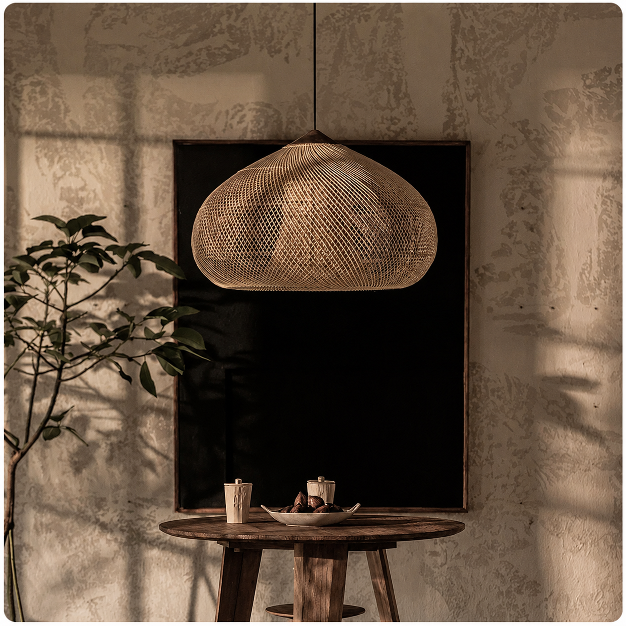 Woven rattan pendant light with rounded dome shade over a dining table.