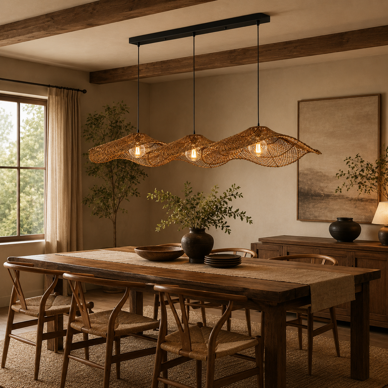 Wabi Rattan Wave Pendant Light styled in a warm natural interior