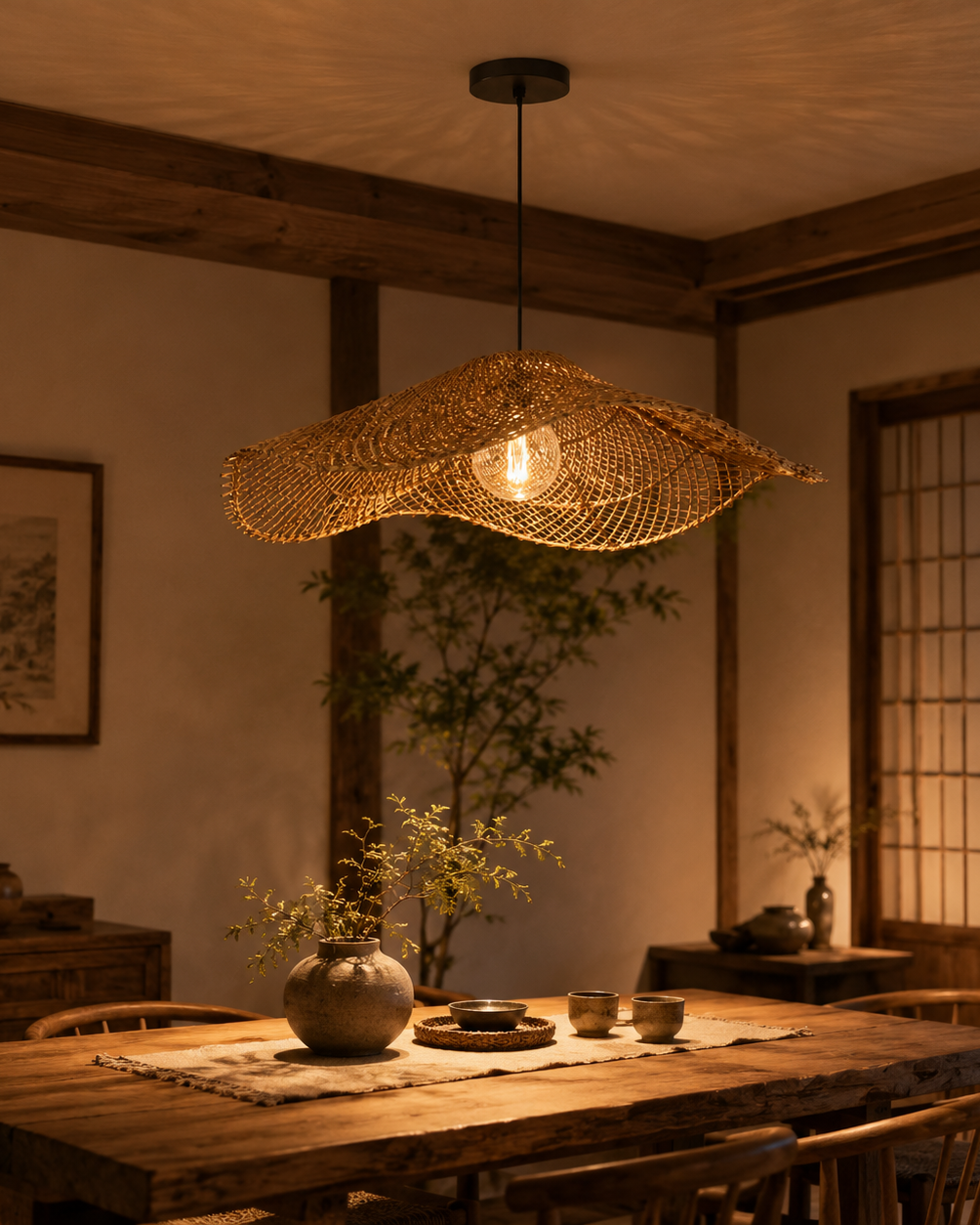 Wabi Rattan Wave Pendant Light handcrafted lighting design by SolenaLighting