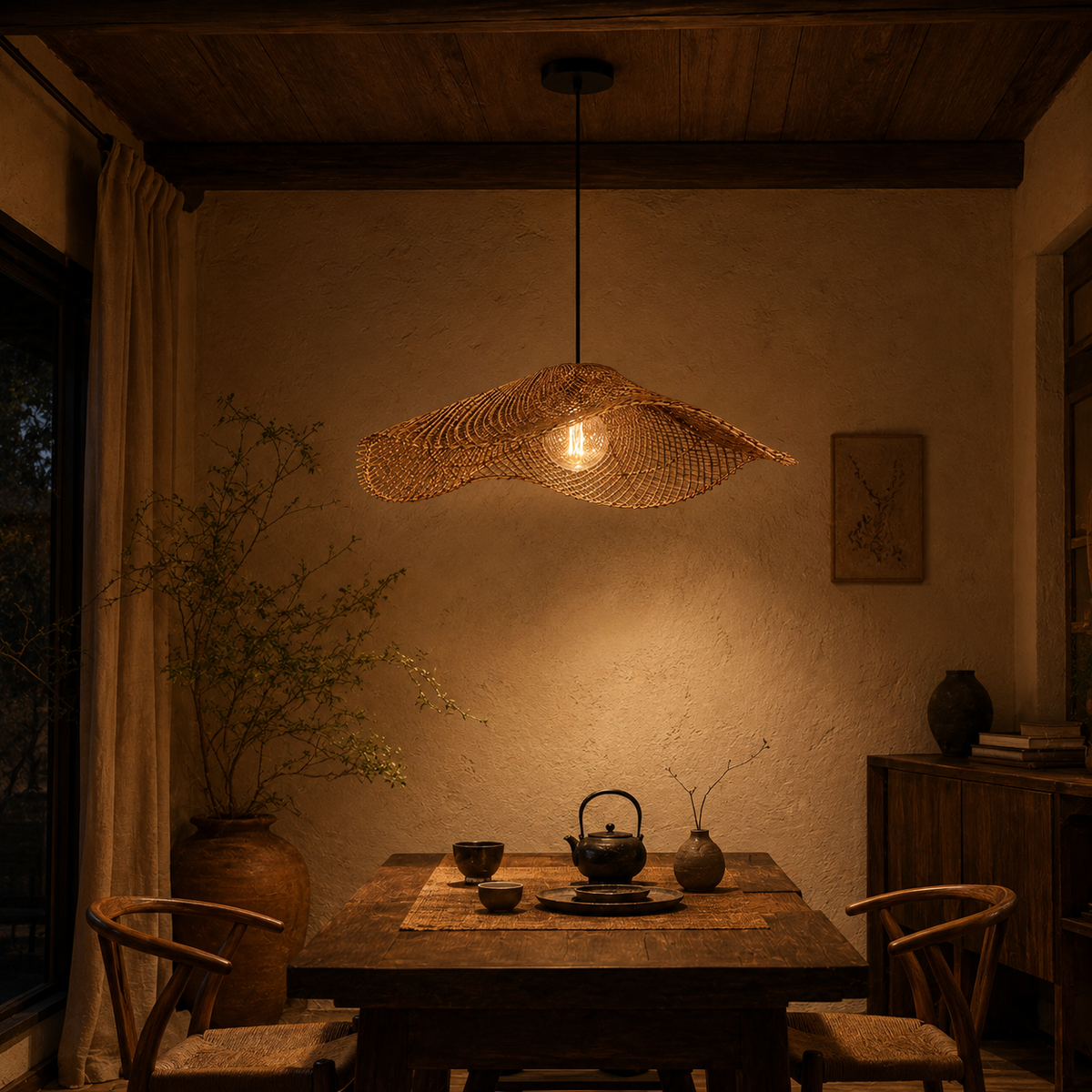 Natural material texture detail of Wabi Rattan Wave Pendant Light