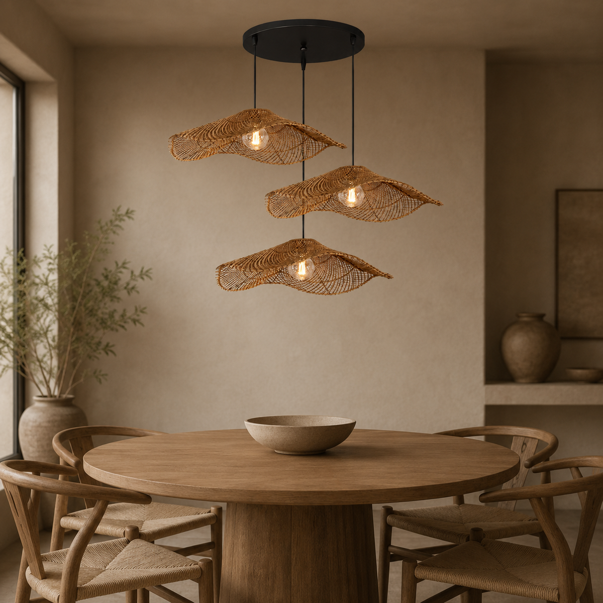 Finished craftsmanship detail of Wabi Rattan Wave Pendant Light