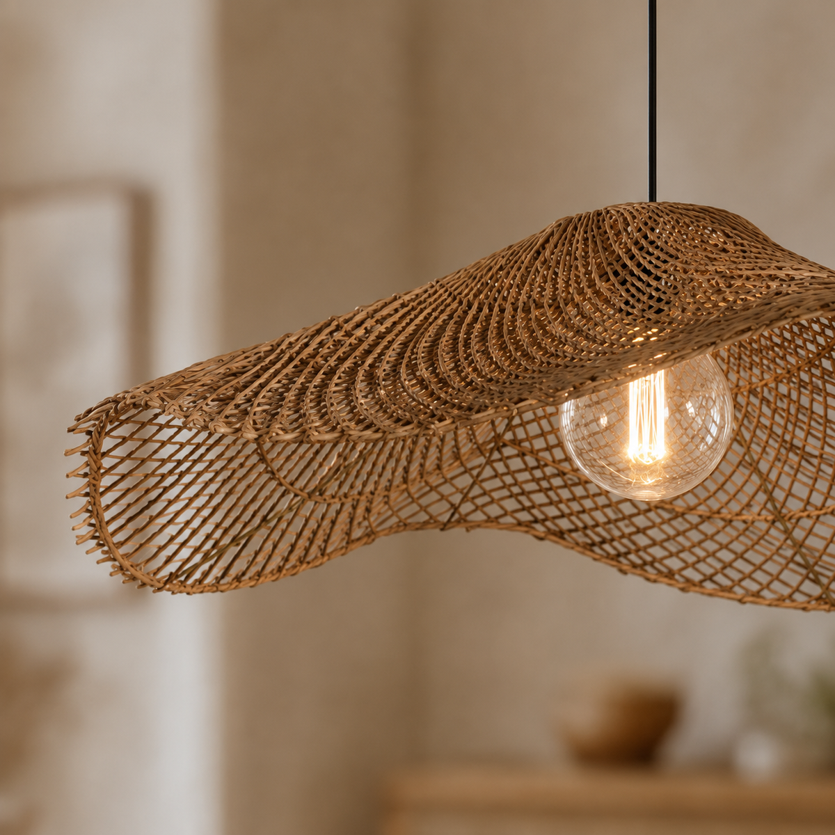 Joinery and hardware detail of Wabi Rattan Wave Pendant Light