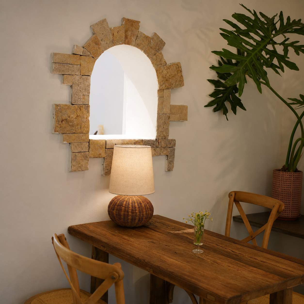 Woven rattan table lamp with fabric drum shade and spherical base.