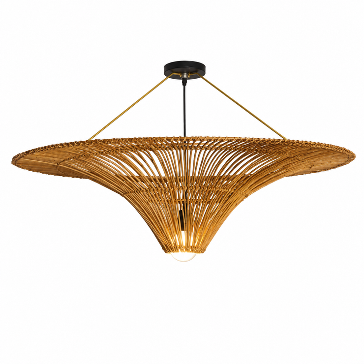 Rattan ceiling light with conical dome shade and black mounting plate, warm glow
