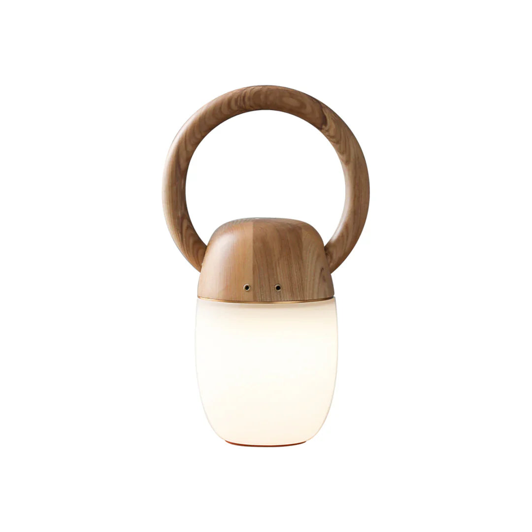 Light wood ring-handle lantern with frosted white glass body