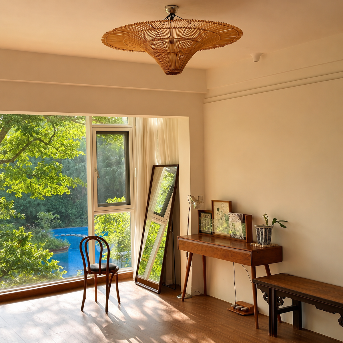 Rattan ceiling light with round conical shade and warm glow over bright room corner