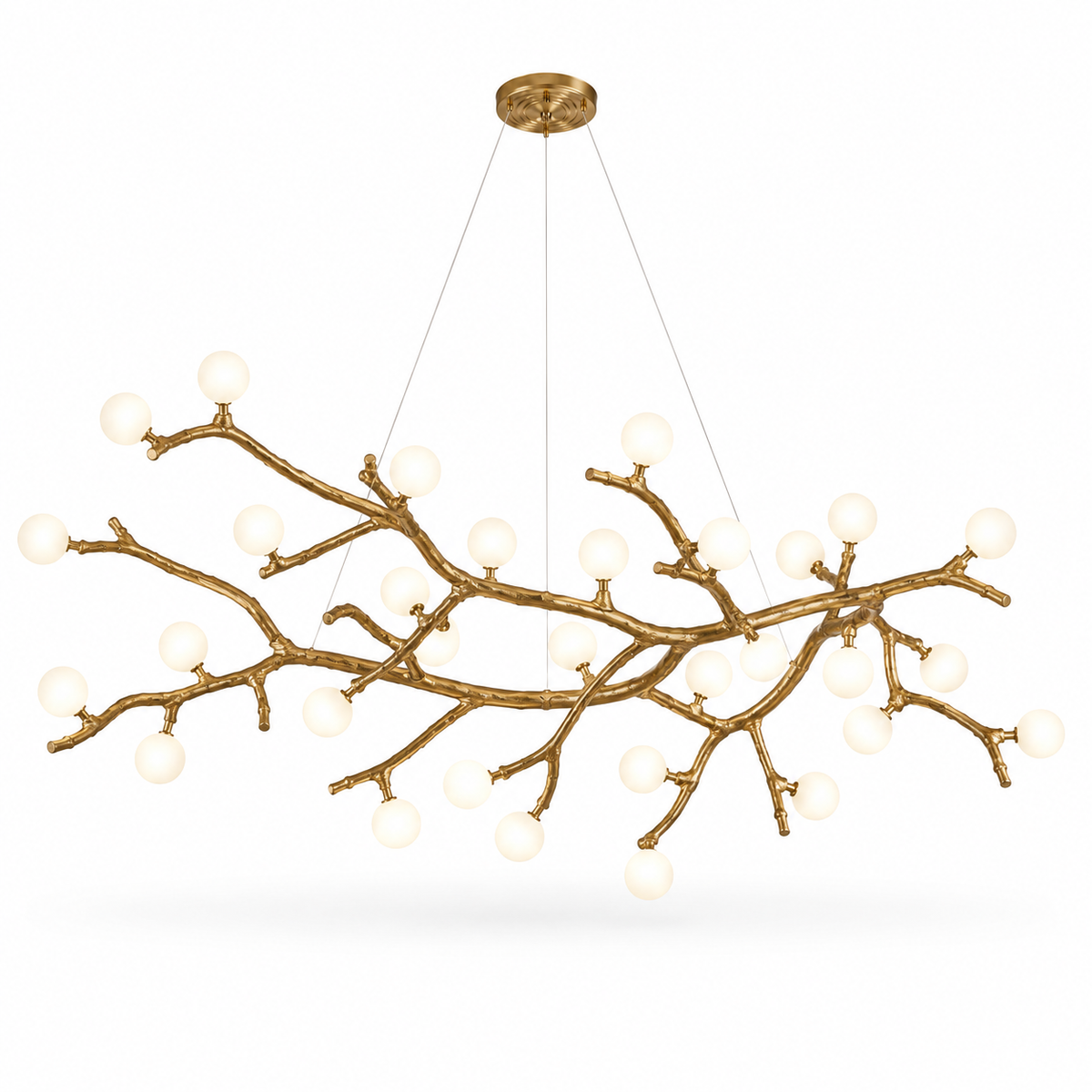 Gold branch chandelier with many small white globe bulbs on curved branch-like metal arms