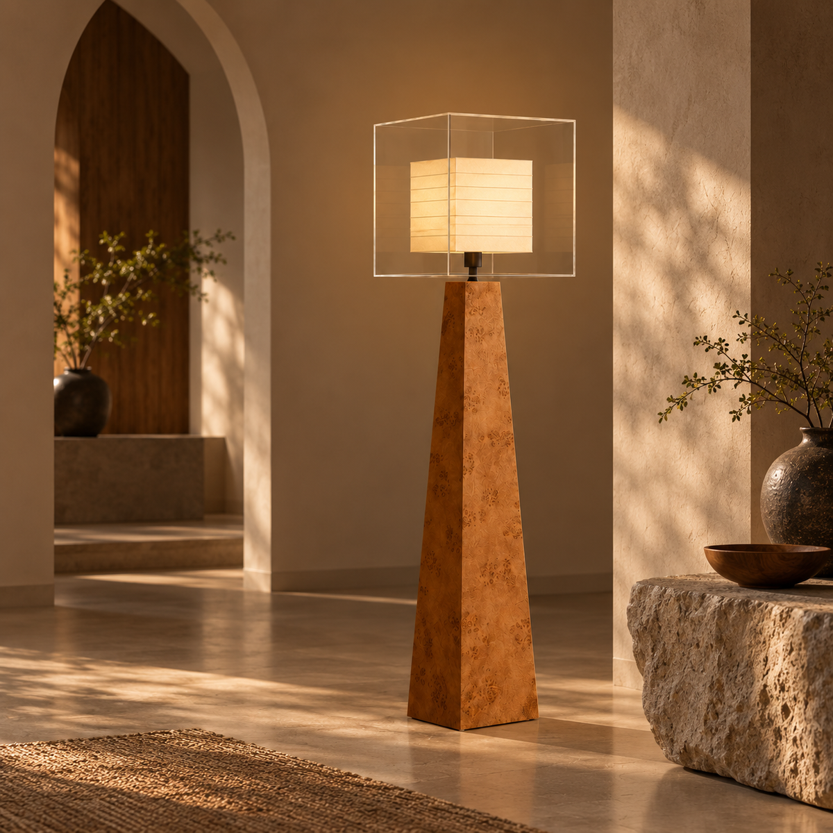 Light Cube Japanese Floor Lamp styled in a warm natural interior