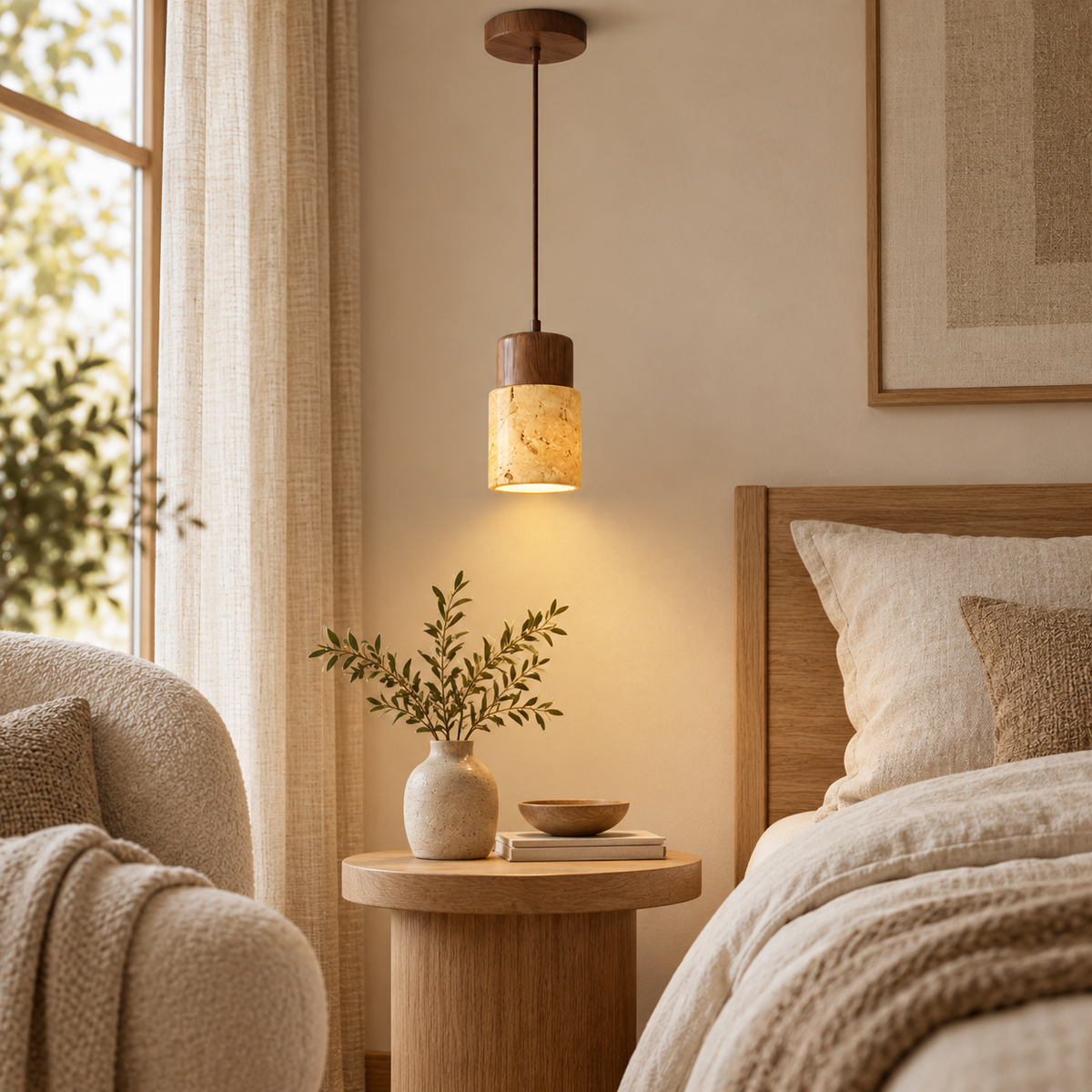 Joinery and hardware detail of Nordic Yellow Travertine & Walnut Pendant Light