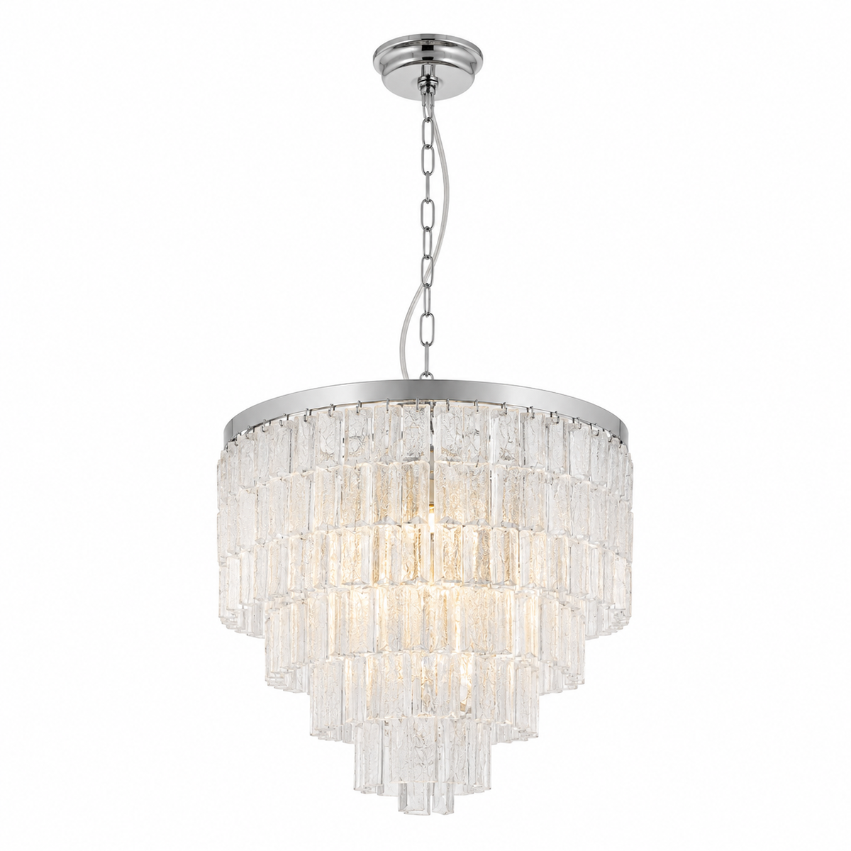 Tiered capiz shell chandelier with chrome canopy and hanging chain