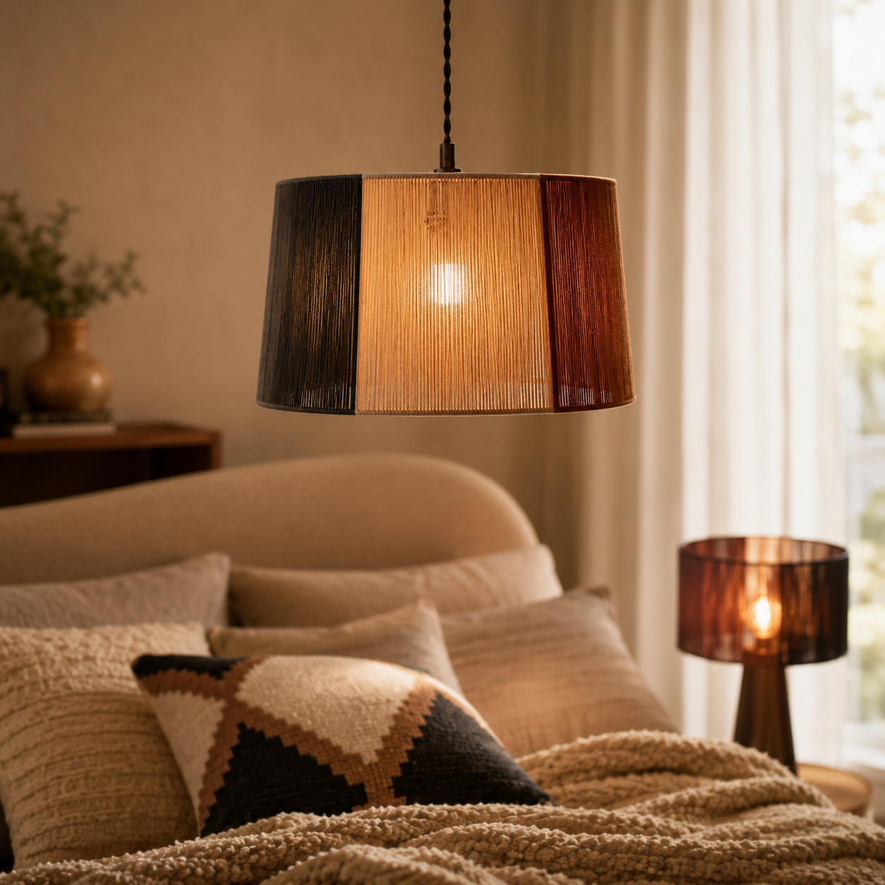 Pendant lamp with woven fabric drum shade, vertical two-tone panels, and hanging cord