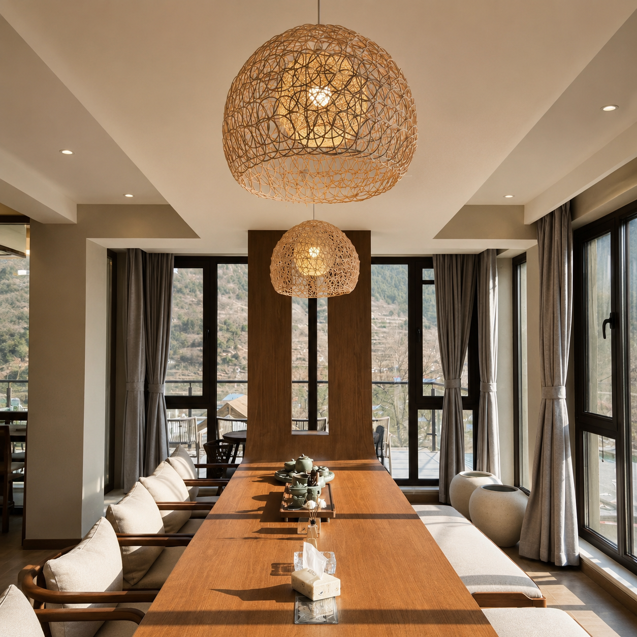 Rattan orb pendant light with woven sphere shade, hanging over dining table
