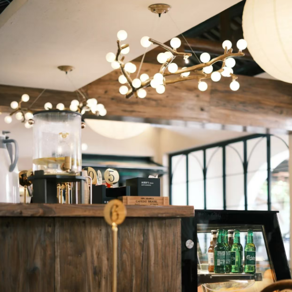 Gold branch chandelier with round canopy and multiple white globe bulbs on thin cords