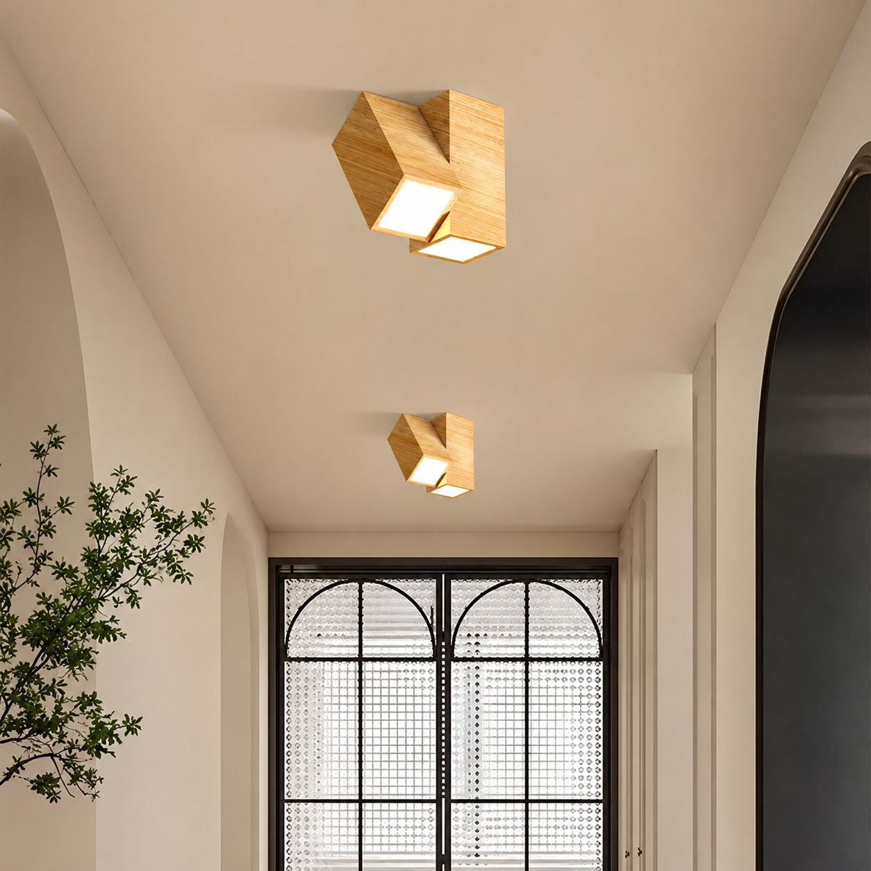 Natural wood geometric flush-mount ceiling light with two square LED light panels
