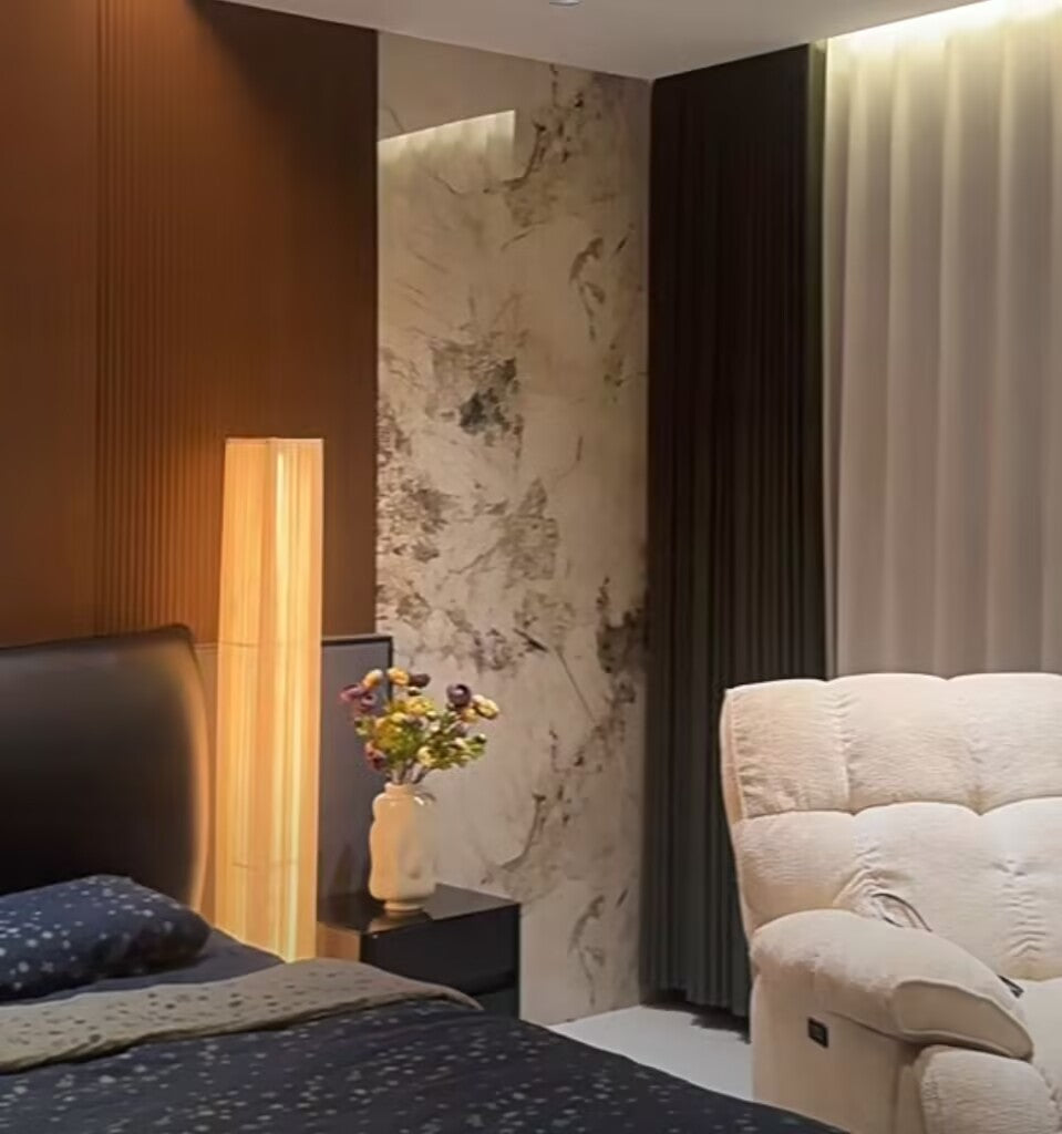 Off-white tall floor lamp with vertical fabric shade and natural wood base