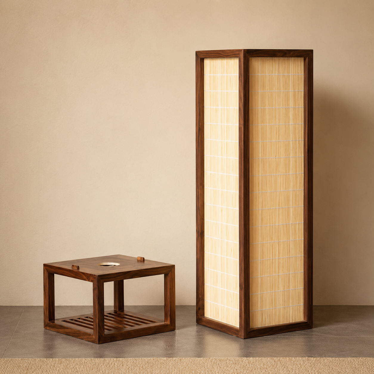 Floor lamp with rectangular bamboo shade in wood frame with warm light panels