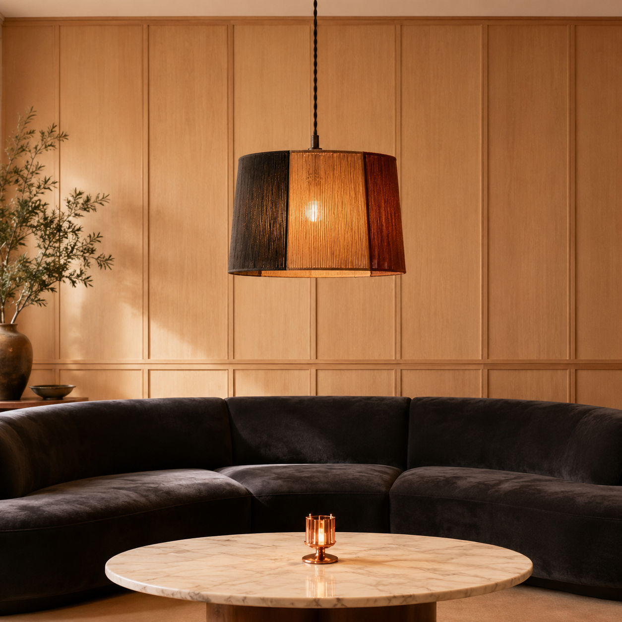 Two-tone woven pendant lamp with tapered shade, vertical panels, and suspended cord