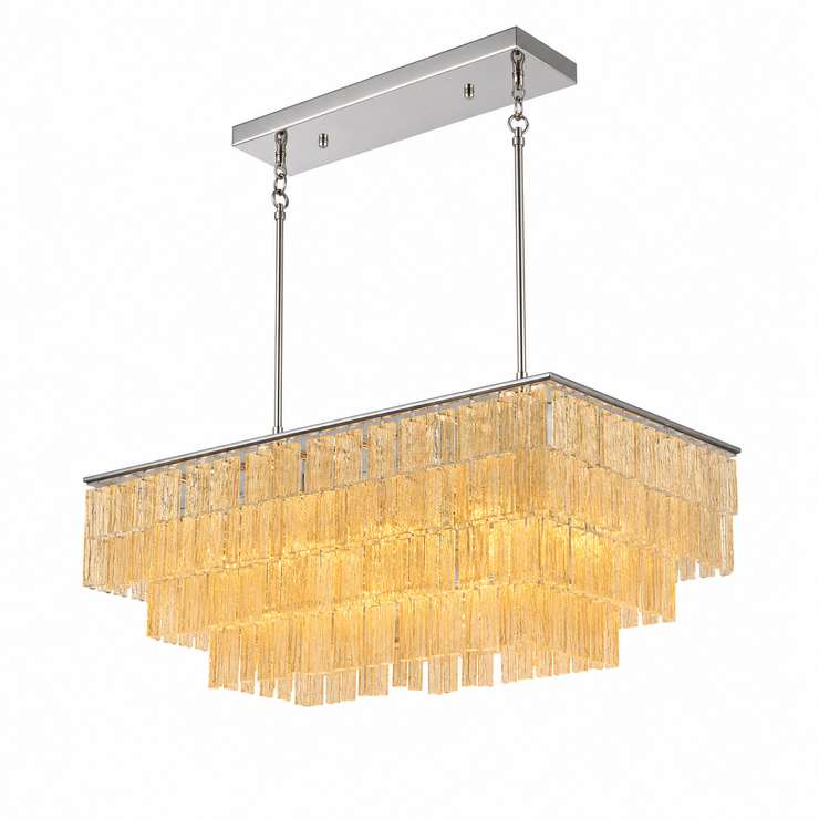 Rectangular tiered shell chandelier with gold-toned fringe panels and chrome ceiling bar