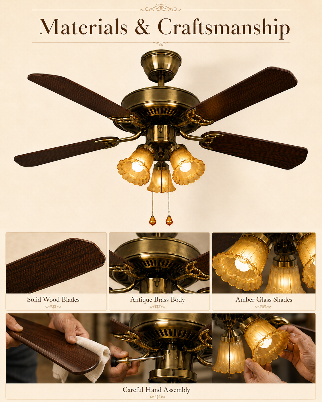 Natural materials and handcrafted details of Aura Wood Blade Ceiling Fan Light