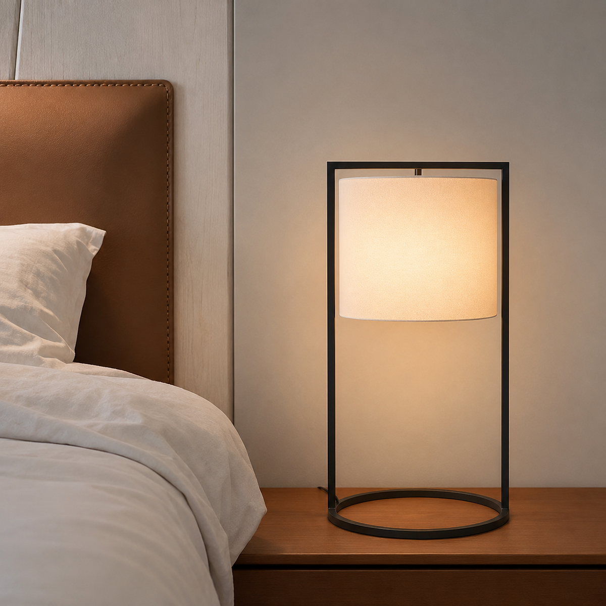 Matte black table lamp with square shade in a rectangular metal frame and ring base.