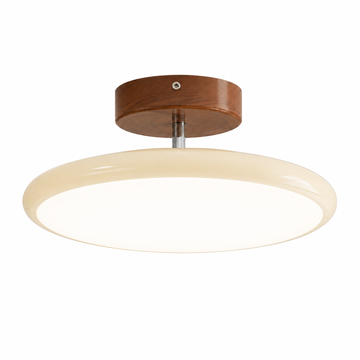 Flush mount ceiling light with cream diffuser and brown round canopy