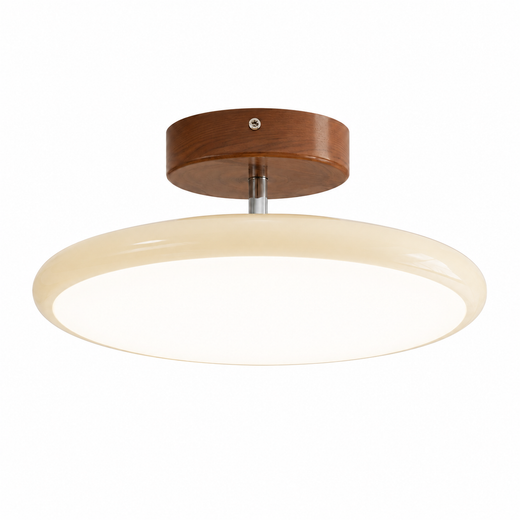 Flush mount ceiling light with cream diffuser and brown round canopy