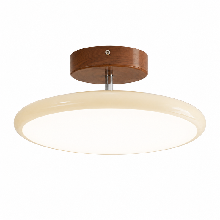 Flush mount ceiling light with cream diffuser and brown round canopy