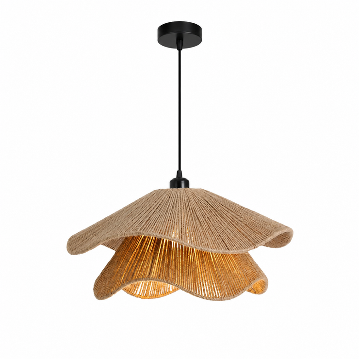 Layered hemp rope pendant light with petal-style shade and black cord canopy
